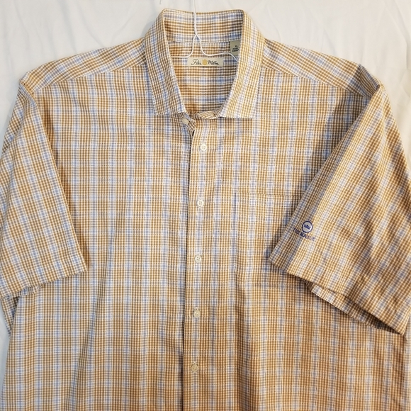 Peter Millar Short Sleeve Button Up Shirt Tan Blue Check Plaid XL - Picture 1 of 16
